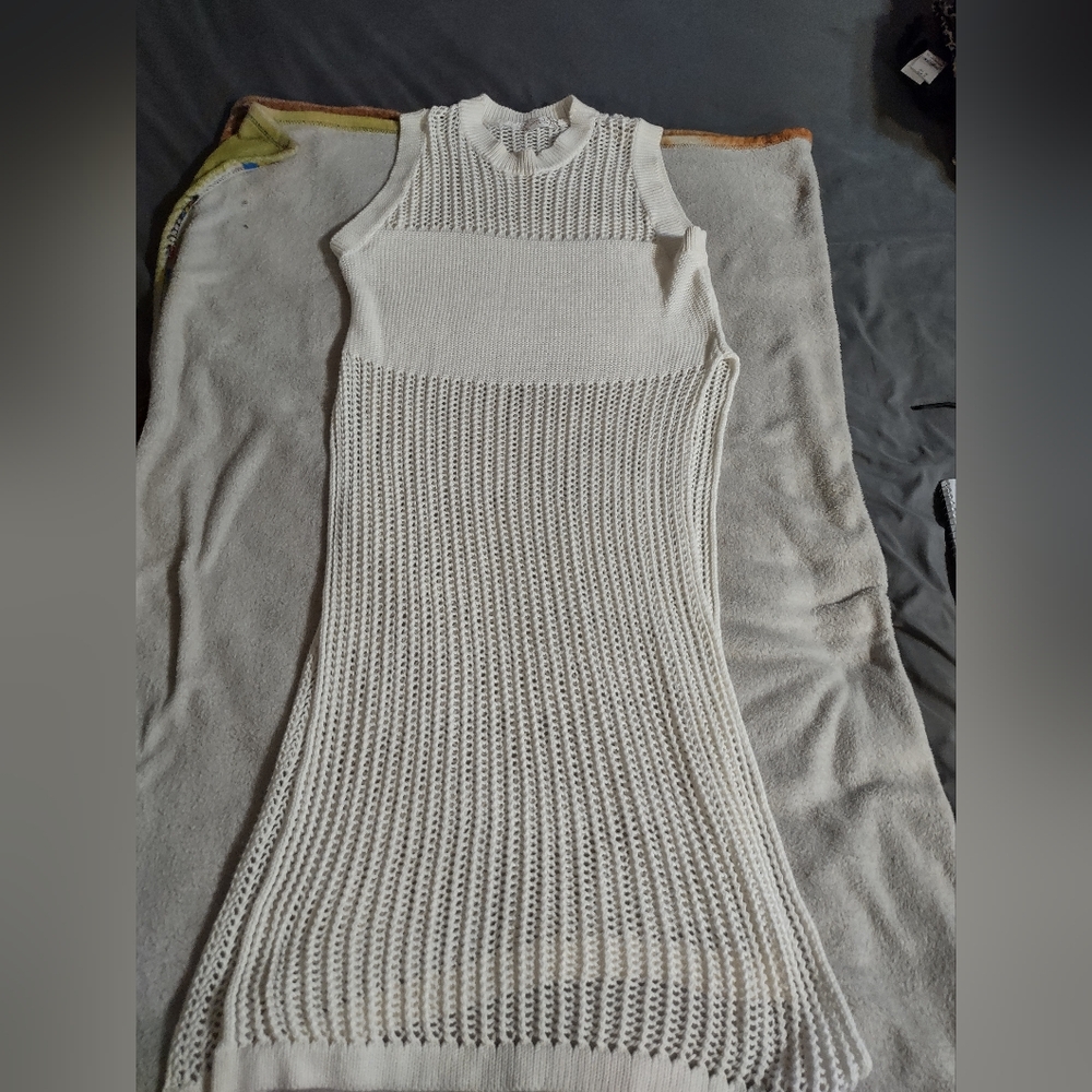 Free People Cream Colored Crocheted Sleeveless Knit Dress/One Size